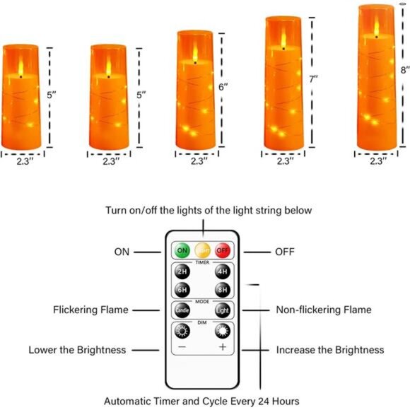 5 Pc Flameless LED Candles with Timer - Orange, Flickering, Star String Decor - Picture 4 of 6
